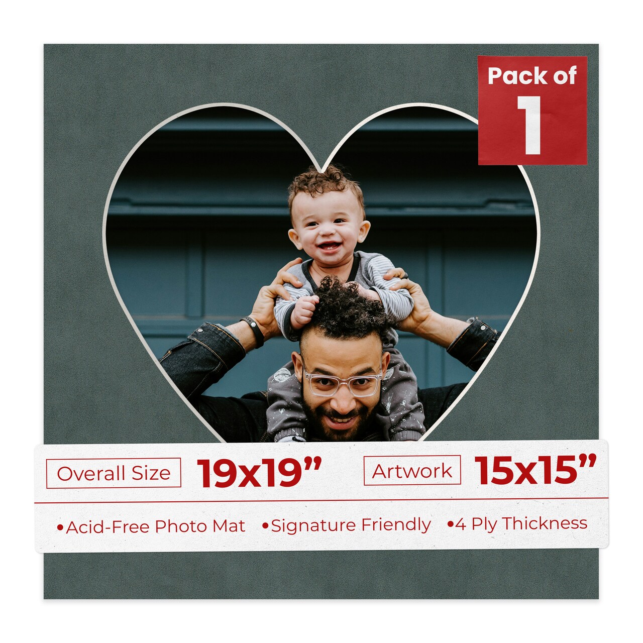 Dark Grey Suede Mat Board for 19x19 Frames - Heart Opening for 15x15 Photos